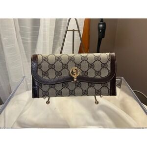 Gucci GG Supreme Canvas Long Wallet Brown Leather Trim Vintage